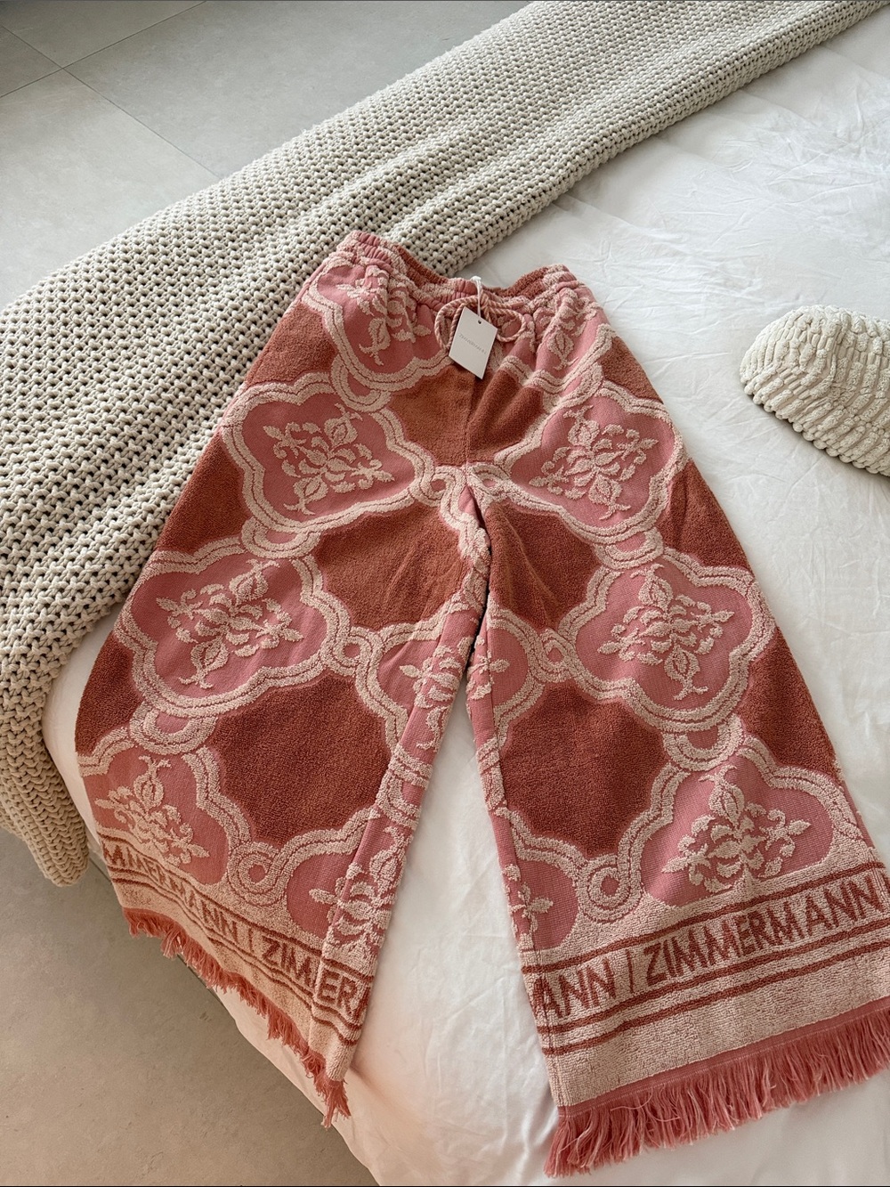 Zimmermann Pink, Tan & Cream Patterned Wide-Leg Knit Pants Terry - Picture 3 of 3